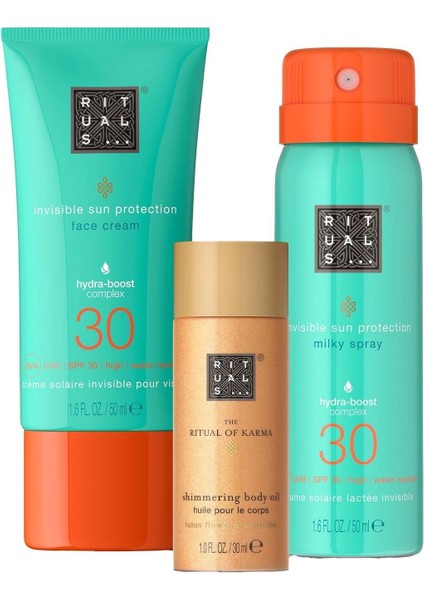 The Ritual Of Karma Deneme Seti Spf 30, Yüz Kremi, Güneş Spreyi, Vücut Yağı ve Su Geçirmez Çanta fırsatları
