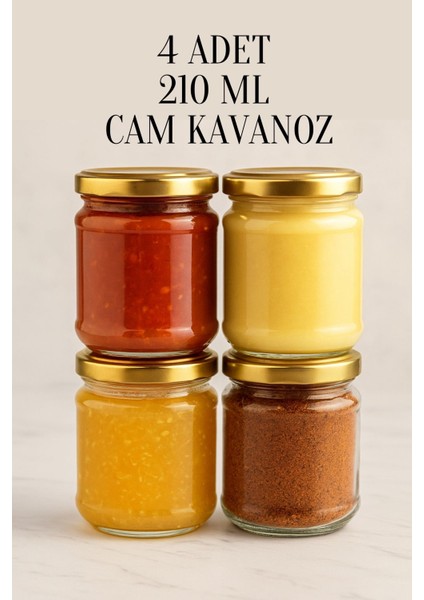 4 Adet 210 ml Metal Konserve Kapaklı Mama Yoğurt Saklama 210 cc Şeffaf Cam Kavanoz