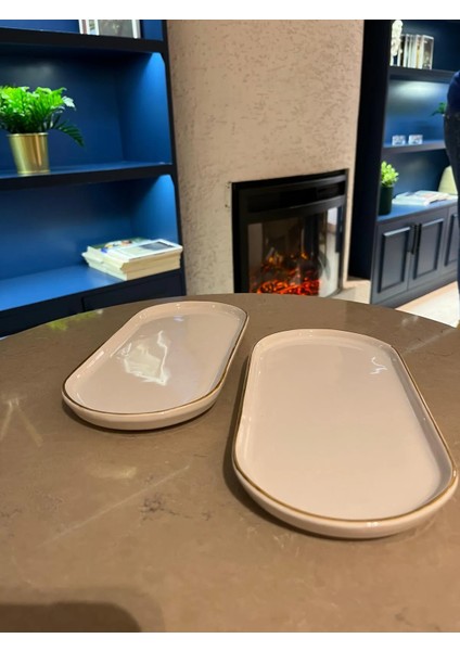 Porselen Kayık Tabak Gold Çizgili 2 Li Oval Sunumluk