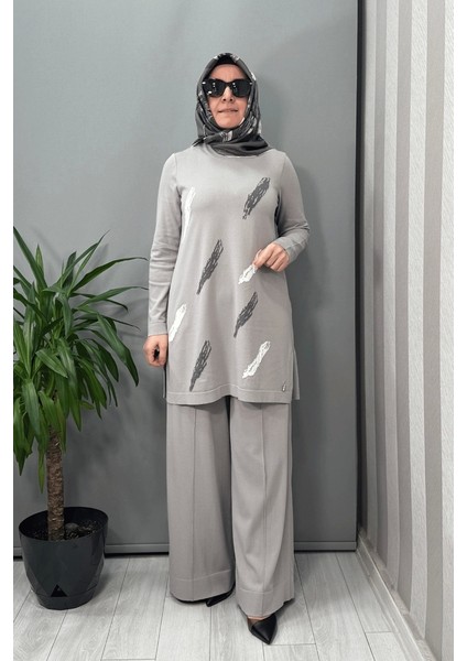 Fırça Desenli Triko Tunik Gri T25Y-6018