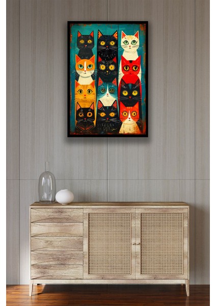 Kedi Resim Illüstrasyon Şık Ahşap Tablo Modeli, Estetik, Oturma Odası, Salon, Ofis, Ev Dekorasyonu