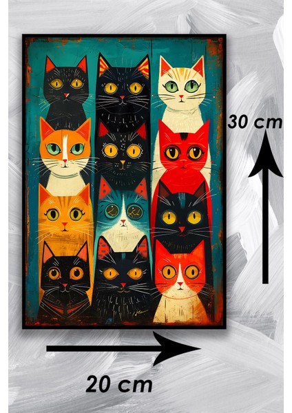 Kedi Resim Illüstrasyon Şık Ahşap Tablo Modeli, Estetik, Oturma Odası, Salon, Ofis, Ev Dekorasyonu