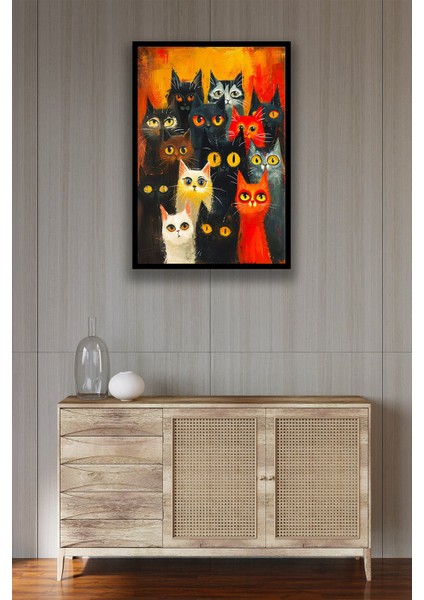 Kedi Resim Illüstrasyon Şık Ahşap Tablo Modeli, Estetik, Oturma Odası, Salon, Ofis, Ev Dekorasyonu