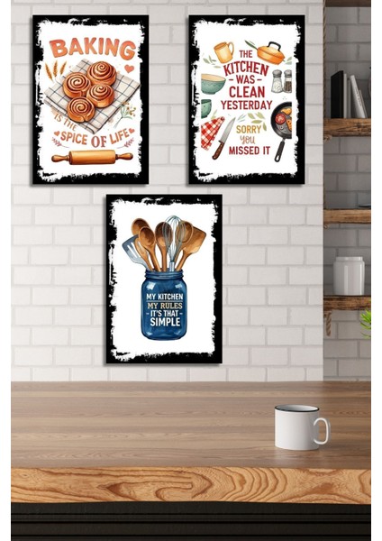 3'lü Ahşap Duvar Posterleri Seti, Mutfak, Cafe Veya Yemek Odası Için Modern Tablo Dekorasyonu