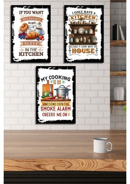 3'lü Ahşap Duvar Posterleri Seti, Mutfak, Cafe Veya Yemek Odası Için Modern Tablo Dekorasyonu