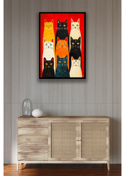 Kedi Resim Illüstrasyon Şık Ahşap Tablo Modeli, Estetik, Oturma Odası, Salon, Ofis, Ev Dekorasyonu