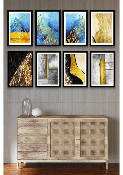 8 Parça Çerçeve Görünümlü Dekoratif Ahşap Mdf Tablo Seti, Oturma Odası, Salon, Ofis, Ev Dekorasyonu