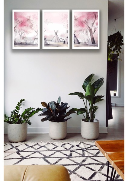 3 Parça Çerçeve Görünümlü Şık Boho Tablo Modeli, Oturma Odası, Salon, Ofis, Yatak Odası Duvar Dekoru