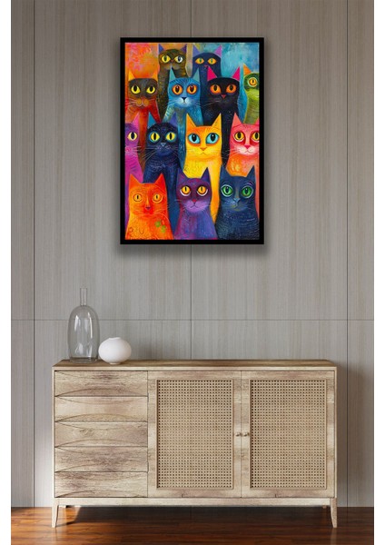 Kedi Resim Illüstrasyon Şık Ahşap Tablo Modeli, Estetik, Oturma Odası, Salon, Ofis, Ev Dekorasyonu