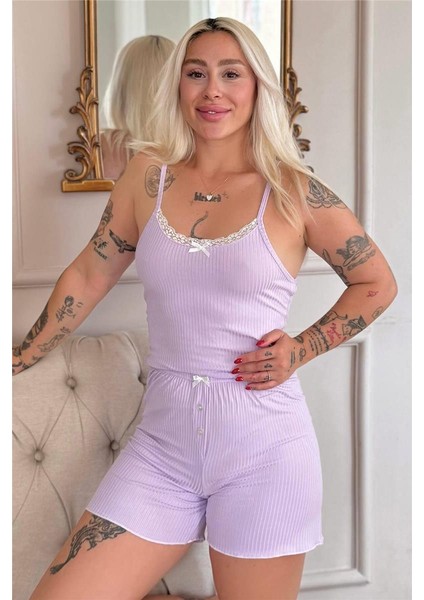 Lila Chic Comfort Dantelli Örme Askılı Şortlu Kadın Pijama Takımı