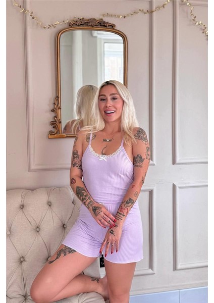 Lila Chic Comfort Dantelli Örme Askılı Şortlu Kadın Pijama Takımı fiyatları