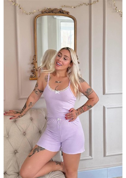 Lila Chic Comfort Dantelli Örme Askılı Şortlu Kadın Pijama Takımı modelleri