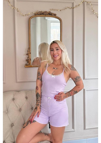Lila Chic Comfort Dantelli Örme Askılı Şortlu Kadın Pijama Takımı fırsatları