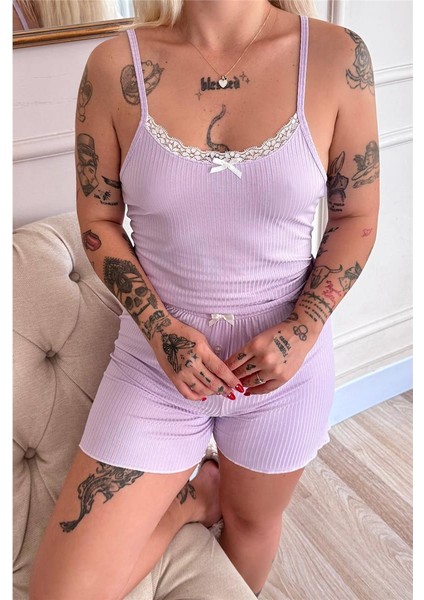 Lila Chic Comfort Dantelli Örme Askılı Şortlu Kadın Pijama Takımı indirimleri