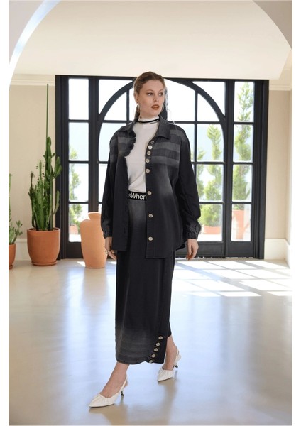 Düğme Detaylı Kot Etek Takım Siyah 37304