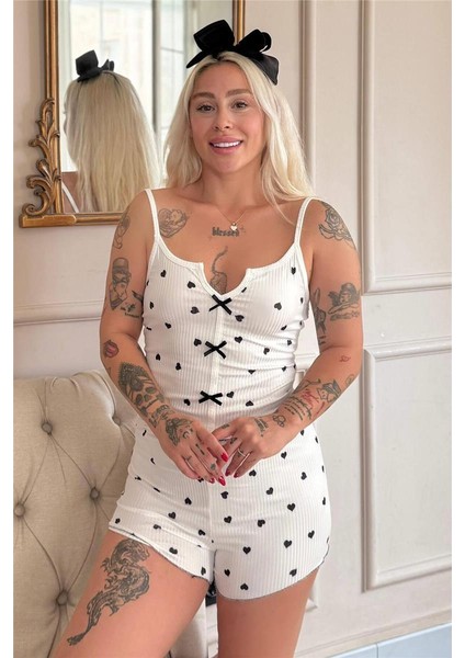 Nero Cuore Pigiama Desenli Dantelli Örme Askılı Şortlu Kadın Pijama Takımı