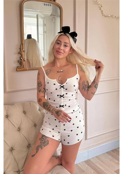 Nero Cuore Pigiama Desenli Dantelli Örme Askılı Şortlu Kadın Pijama Takımı modelleri