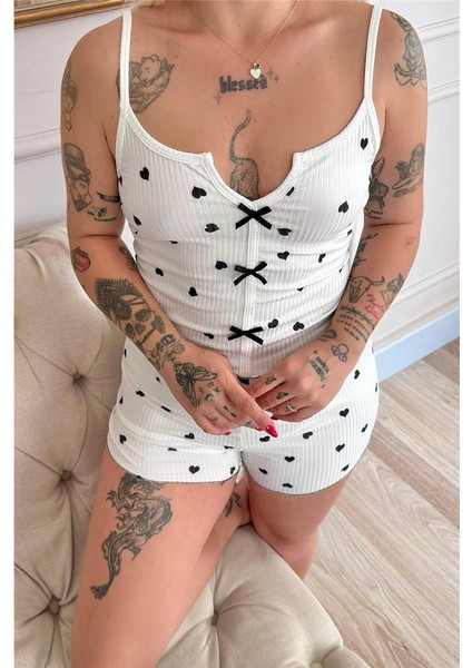Nero Cuore Pigiama Desenli Dantelli Örme Askılı Şortlu Kadın Pijama Takımı indirimleri