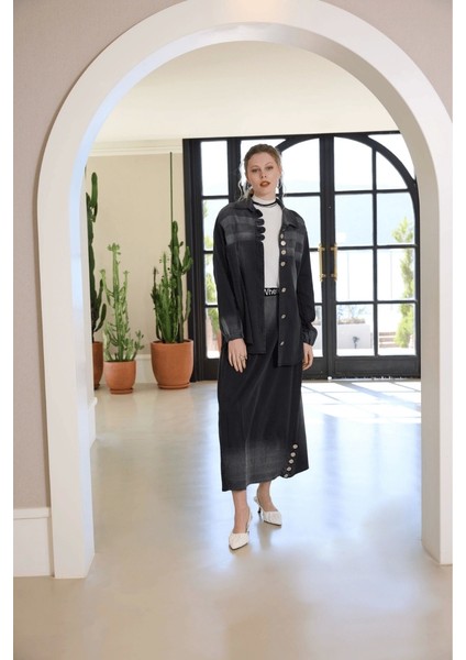 Düğme Detaylı Kot Etek Takım Siyah 37304 modelleri