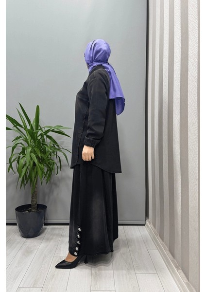Düğme Detaylı Kot Etek Takım Siyah 37304 fırsatları