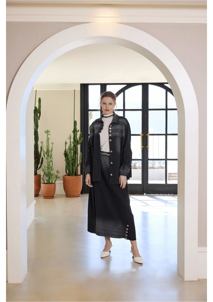 Düğme Detaylı Kot Etek Takım Siyah 37304 indirimleri