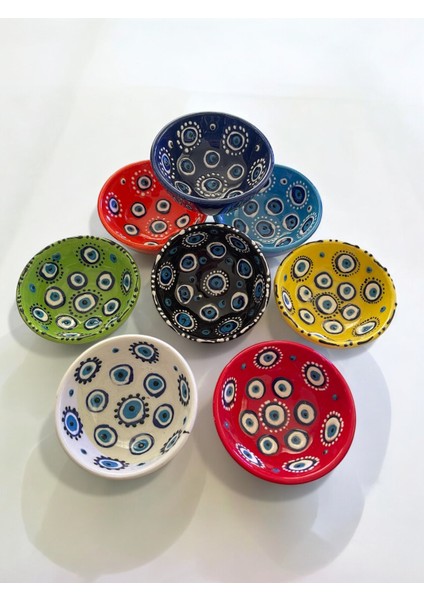 Dekoratif Nazar Boncuğu Işlemeli Çini Seramik Sosluk - Çerezlik - Kahvaltılık 8 Adet