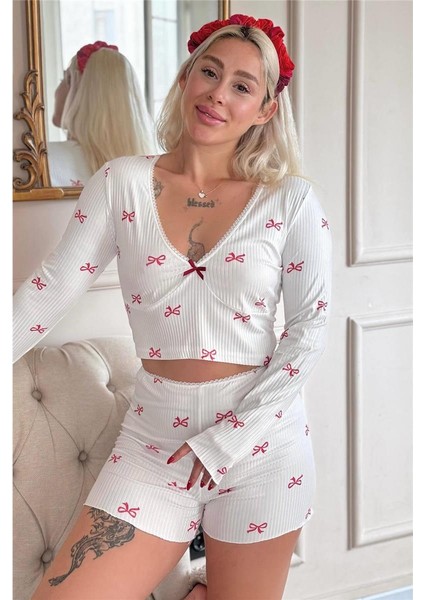 Beyaz Fiocco Pigiama Desenli Dantelli Örme Uzun Kol Şortlu Kadın Pijama Takımı