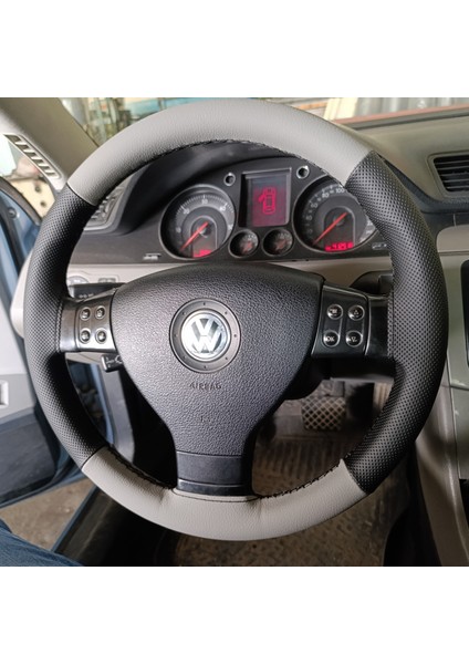 Dikişli Direksiyon Kılıfı Noktalı Deri Gri Deri Siyah Dikişli Vw Passat Için 2006-2012