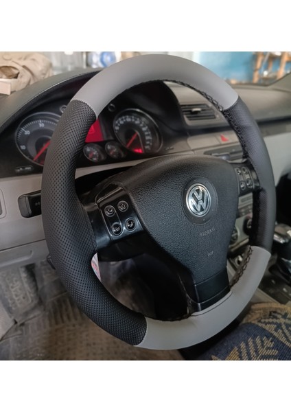 Dikişli Direksiyon Kılıfı Noktalı Deri Gri Deri Siyah Dikişli Vw Passat Için 2006-2012 modelleri