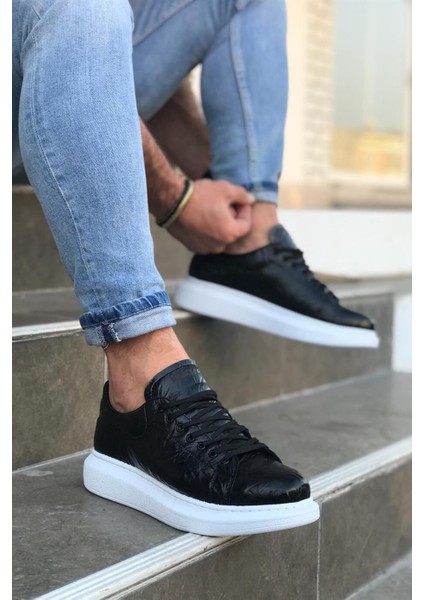 J044 Bağcıklı Ortopedik Taban Erkek Desenli Günlük Sneaker Spor Ayakkabı Bt Siyah