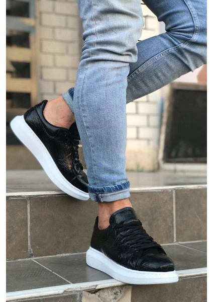 J044 Bağcıklı Ortopedik Taban Erkek Desenli Günlük Sneaker Spor Ayakkabı Bt Siyah fiyatları