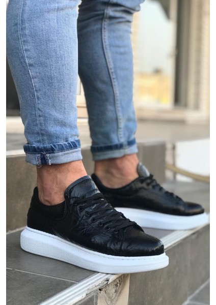 J044 Bağcıklı Ortopedik Taban Erkek Desenli Günlük Sneaker Spor Ayakkabı Bt Siyah modelleri