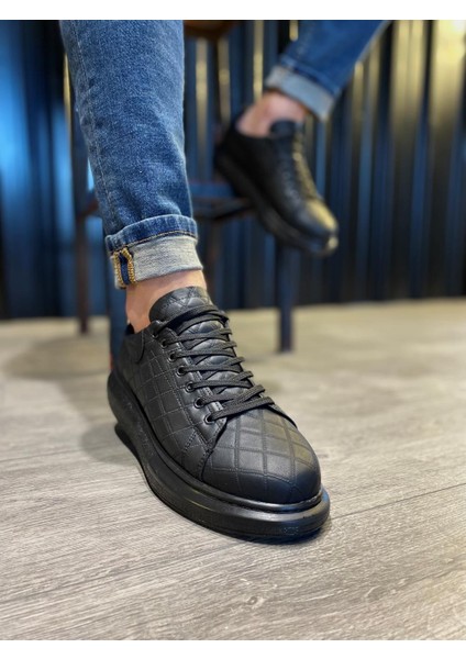 J044 Bağcıklı Ortopedik Taban Erkek Kapitone Desenli Günlük Sneaker Spor Ayakkabı St Siyah