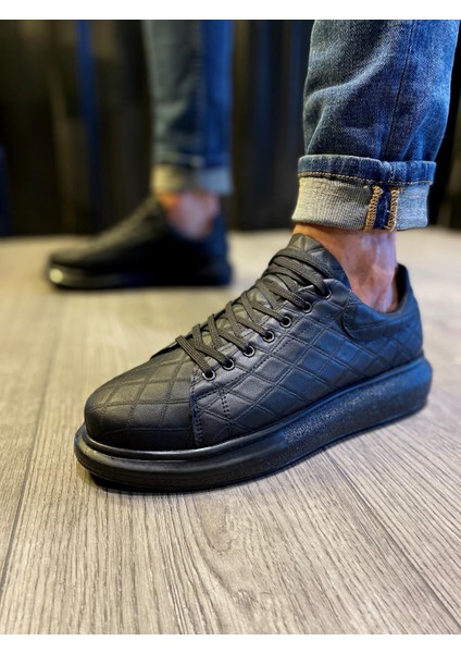 J044 Bağcıklı Ortopedik Taban Erkek Kapitone Desenli Günlük Sneaker Spor Ayakkabı St Siyah modelleri
