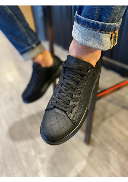 J044 Bağcıklı Ortopedik Taban Erkek Kapitone Desenli Günlük Sneaker Spor Ayakkabı St Siyah indirimleri