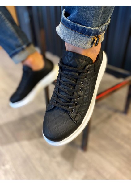 J044 Bağcıklı Ortopedik Taban Erkek Kapitone Desenli Günlük Sneaker Spor Ayakkabı Bt Siyah modelleri