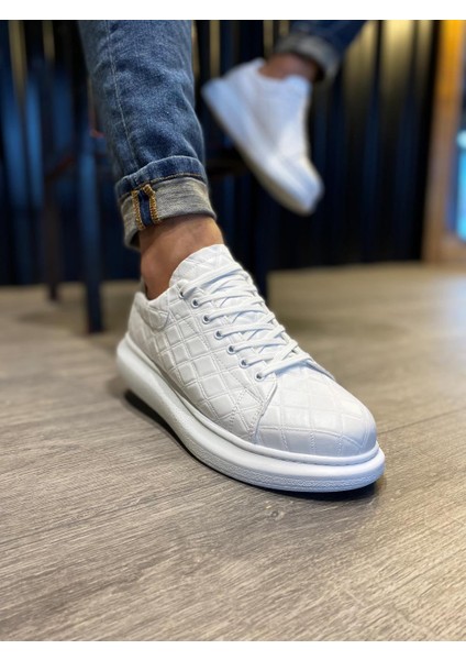 J044 Bağcıklı Ortopedik Taban Erkek Kapitone Desenli Günlük Sneaker Spor Ayakkabı Bt Beyaz