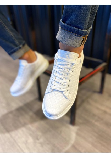 J044 Bağcıklı Ortopedik Taban Erkek Kapitone Desenli Günlük Sneaker Spor Ayakkabı Bt Beyaz indirimleri