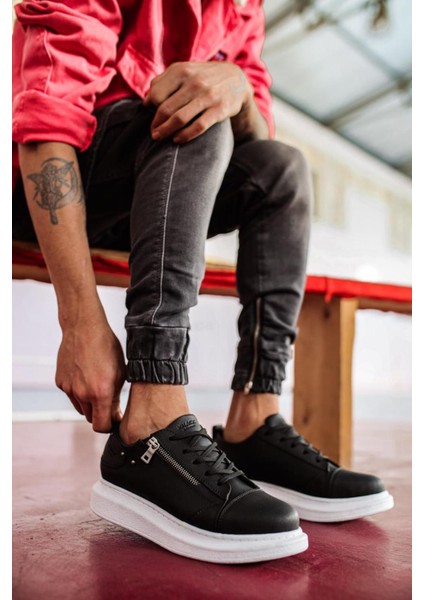 J555 Bağcıklı Fermuarlı Ortopedik Taban Erkek Günlük Sneaker Spor Ayakkabı Bt Siyah