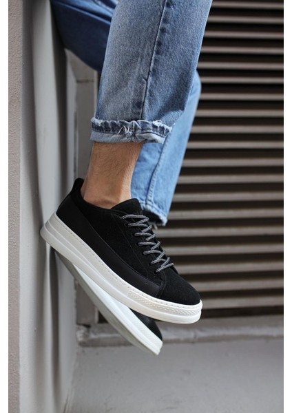 J010 Bağcıklı Ortopedik Taban Erkek Günlük Süet Sneaker Spor Ayakkabı Bt Siyah
