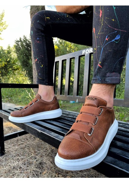 J889 Bağcıksız Lastikli 3 Bantlı Ortopedik Taban Günlük Erkek Spor Sneaker Ayakkabı Bt Taba