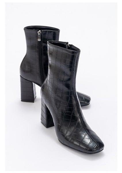Kadın TLL Siyah Krokodil Kalın Topuk Bot