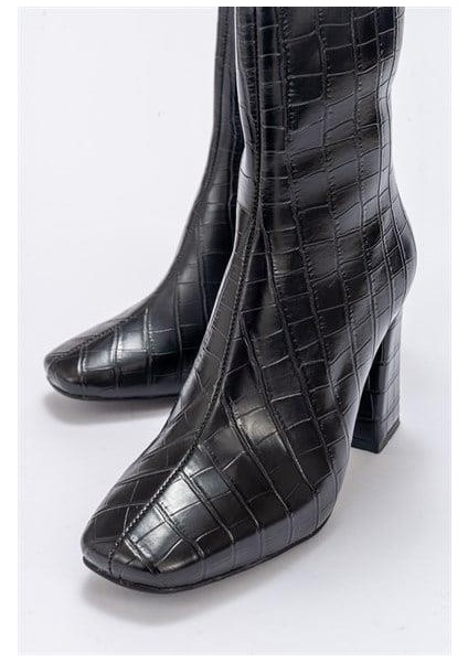 Kadın TLL Siyah Krokodil Kalın Topuk Bot