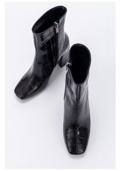 Kadın TLL Siyah Krokodil Kalın Topuk Bot