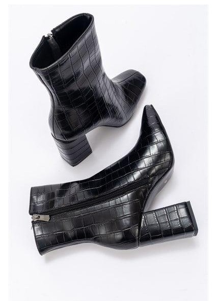 Kadın TLL Siyah Krokodil Kalın Topuk Bot