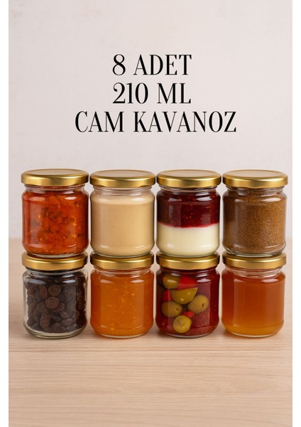 8 Adet 210 ml Metal Konserve Kapaklı Mama Yoğurt Saklama 210 cc Şeffaf Cam Kavanoz