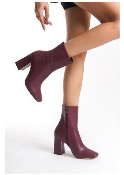 Kadın Tll Bordo Cilt Kalın Topuk Bot