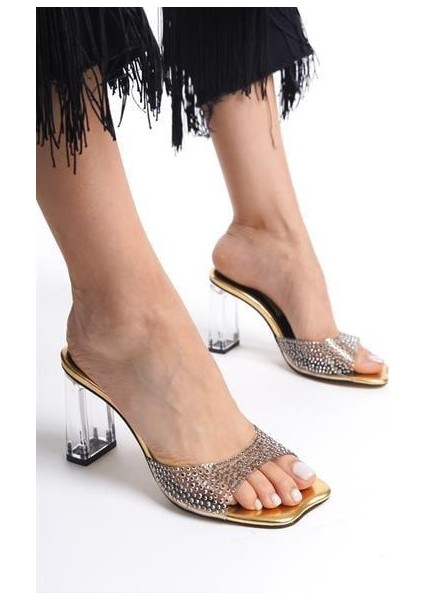 Kadın Plops Altın Metalik Şeffaf Topuklu Taşlı Terlik indirimleri