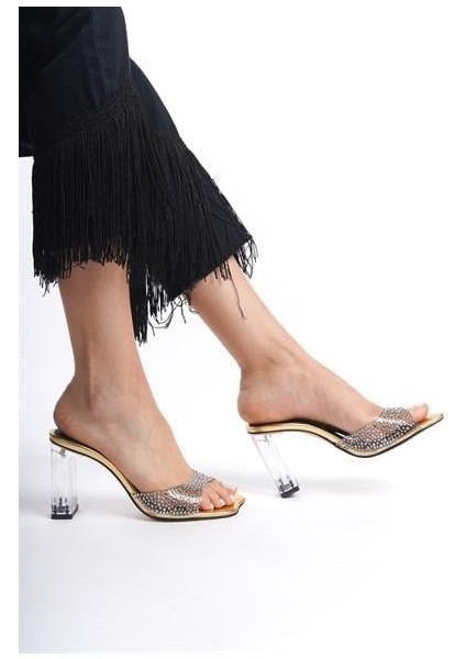 Kadın Plops Altın Metalik Şeffaf Topuklu Taşlı Terlik