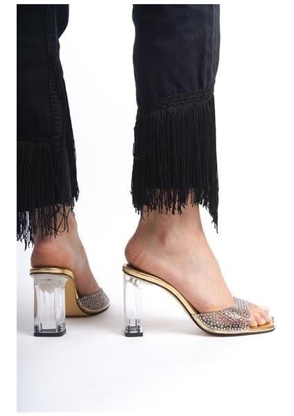 Kadın Plops Altın Metalik Şeffaf Topuklu Taşlı Terlik